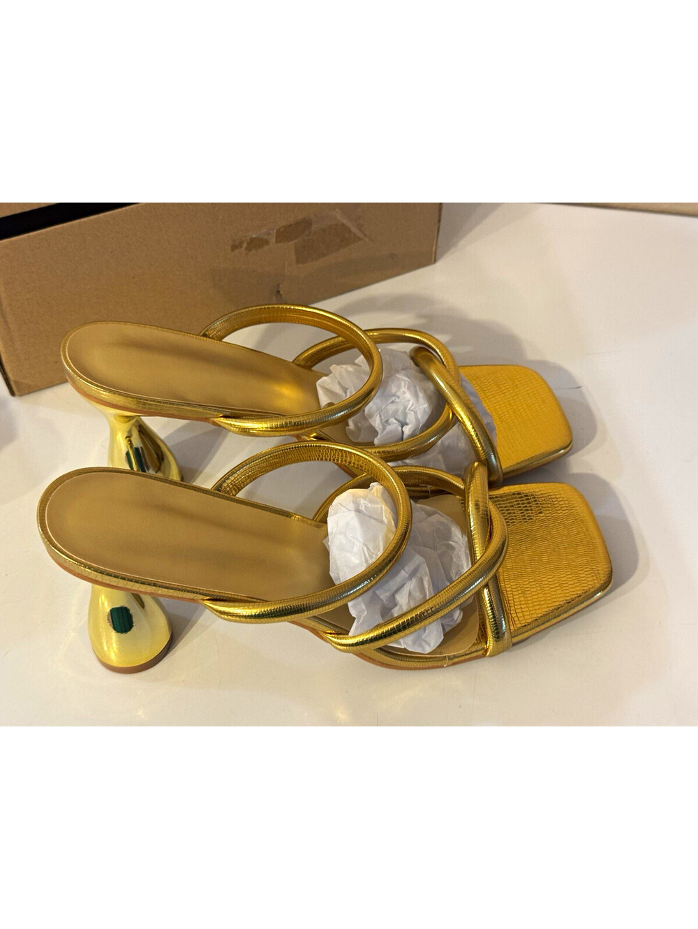 Women Gold Metallic Strappy Mule Sandals Sculptural Heel EU 40 US 9 New